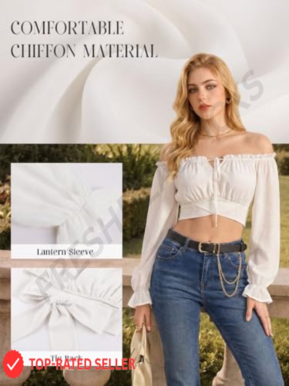 Off Shoulder Crop Top Long Sleeve Blouse Ruffled Cuff Renaissance - Picture 3 of 6